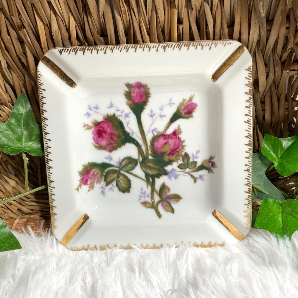 Vintage Pink & Gold Rosebud Porcelain Ashtray